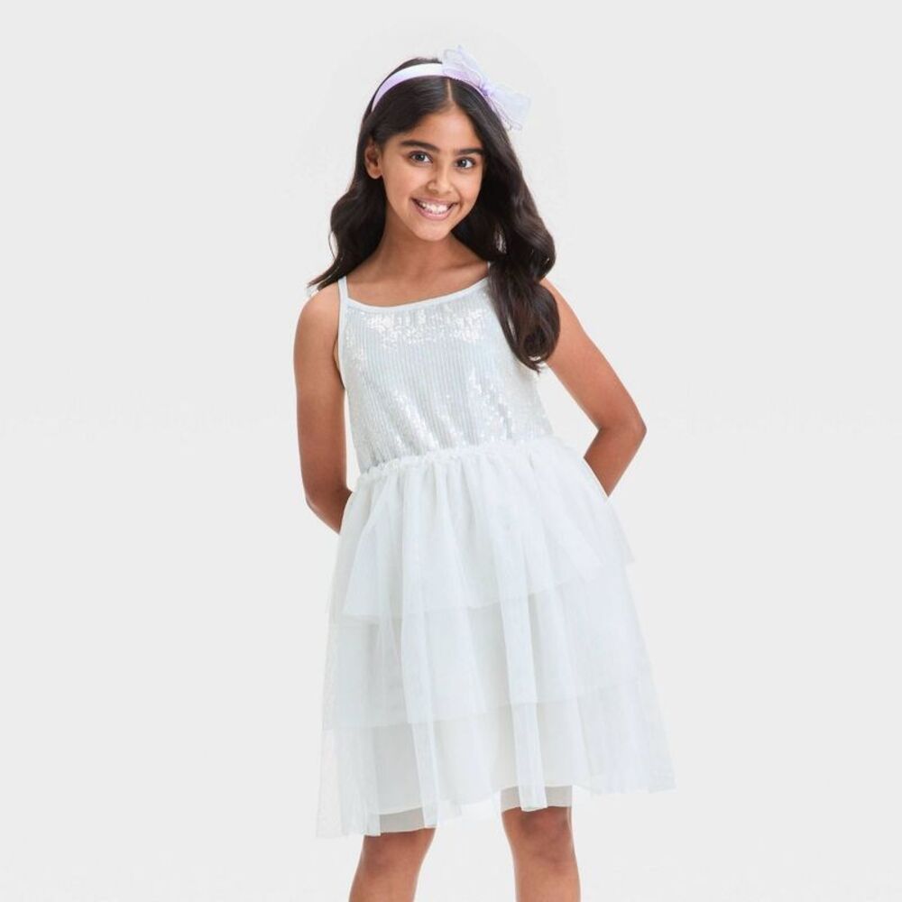 Cat & Jack - Girls' Sleeveless Tiered Tulle Sequin Dress - Cat  Off-White
